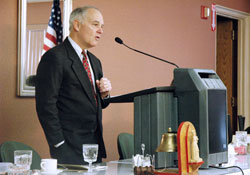 John Kelley speaks during a March 10, 2008, luncheon sponsored by the Serra Club of Indianapolis at the Southside Knights of Columbus Hall in Indianapolis. Kelley, a longtime member of Immaculate Heart of Mary Parish in Indianapolis, oversaw the Serra Club&rsquo;s annual vocations essay contest for approximately 30&nbsp;years before he died in 2009. (File photo by Sean Gallagher)