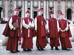 This image, originally printed in the Nov. 11, 1962, edition of The Criterion, shows the five men who served as the bishops of Indiana in 1960. Standing in front of St. Peter&rsquo;s Basilica after one of the general sessions of the Second Vatican Council, they are, from left, Bishop Andrew Grutka of Gary, Bishop Leo A. Pursley of Fort Wayne-South Bend, Archbishop Paul C. Schulte of Indianapolis, Bishop Henry J. Grimmelsman of Evansville and Bishop John J. Carberry of Lafayette. (Archive photo)