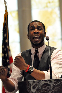 40 Days for Life keynote speaker Jonathan Tremaine Thomas of Indianapolis, a Protestant leader with the National Black Pro-Life Coalition, reminds pro-life supporters on March 6 that the blood of innocent unborn babies killed by abortion has been sown into our nation&rsquo;s land. The prayer rally was held at the St. Augustine Home for the Aged Chapel in Indianapolis. (Photo by Mary Ann Wyand)