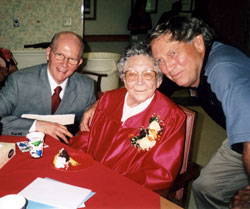 For the past 11&frac12; years, Bob Haverstick, left, has used his non-profit organization, Never Too Late, to grant 2,250 wishes for senior citizens. In this 2008 photo, he poses with Margaret (Gintert) Trout, one of the senior citizens that he helped, and Leo Hine, a supporter of Never Too Late. (Submitted photo)