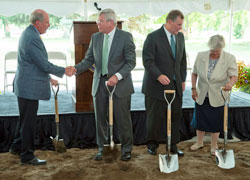 During the Aug. 24 groundbreaking ceremony for Marian University&rsquo;s medical education building, Michael A. Evans, second from left, shakes hands with U.S. Senator Dan Coats. The building will be named in honor of Evans, who donated $48 million to jumpstart the plan for the university&rsquo;s medical school, set to open in 2013. Also in the photo are Indianapolis Mayor Greg Ballard and Franciscan Sister Barbara Piller, the congregational minister of the Sisters of St. Francis in Oldenburg, who founded Marian University. (Submitted photo)