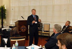 Marian University president Daniel Elsener makes a point during an education summit that involved educational leaders from Indiana&rsquo;s five dioceses. The summit was held on Nov. 29-30 at the Indianapolis college. (Submitted photo)