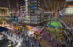 This image is an artist&rsquo;s rendering of the Super Bowl Village at the corner of Capitol Avenue and Georgia Street in downtown Indianapolis, which is also the location of St. John the Evangelist Church. (Image courtesy of 2012 Indianapolis Super Bowl Host Committee)