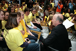 Indiana Gov. Mitch Daniels talks with parents and students at the &ldquo;Ed Reform Rocks Rally&rdquo; at the State Capitol in Indianapolis on Feb. 15. More than 2,000 parents and students attended the rally to support school choice and quality schools. (Photo by Charles J. Schisla)