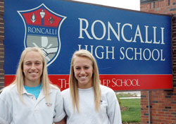 Twin sisters Kaitie, left, and Cassie Schultheis share just about everything in life&mdash;from earning 12 varsity letters at Roncalli High School in Indianapolis to planning on studying pharmacy in college. (Photo by John Shaughnessy)
