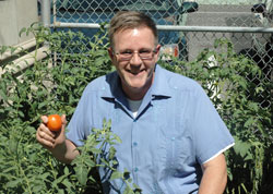 Father Michael O&rsquo;Mara celebrates the first tomato of the season from his small garden near the rectory of St. Mary Parish in Indianapolis. The pastor believes his garden serves as a bridge to help him connect even more with parishioners. (Photo by John Shaughnessy)