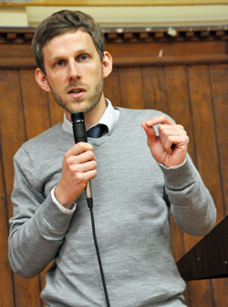 Matt Faley gives a talk to Catholic high school students during the archdiocesan A Promise to Keep: God&rsquo;s Gift of Human Sexuality peer mentor luncheon on April 23 at the Archbishop O&rsquo;Meara Catholic Center in Indianapolis. Faley was appointed the archdiocese&rsquo;s director of young adult and college campus ministry on July 1. (File photo by Mary Ann Garber)