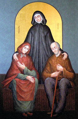 In this religious icon, St. Jeanne Jugan is depicted as Sister Mary of the Cross, the foundress of the international Little Sisters of the Poor, caring for an elderly poor man and woman. Admission and parking are free for an Oct. 11 musical tribute to her life and ministry to be performed at The Palladium in Carmel, Ind. Tickets must be reserved in advance by calling 317-843-3800. (Icon of St. Jeanne Jugan with elders by George and Sergio Pinecross, &copy; 2003)