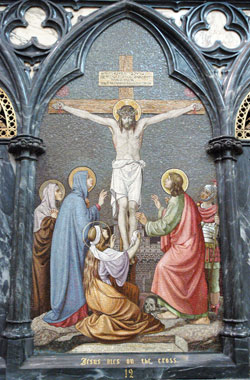 The 12th Station of the Cross depicting Jesus on Calvary is among the ornate religious artwork at St. Mary&rsquo;s Cathedral Basilica of the Assumption in Covington, Ky. The basilica has 82 stained-glass windows. It was dedicated on Jan. 27, 1901, and the facade was completed in 1910. (File photo by Mary Ann Garber)