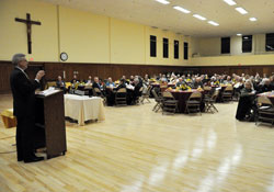 David Milroy, executive director of the archdiocese&rsquo;s Secretariat for Stewardship and Development and acting chief financial officer, speaks during the annual meeting of the Catholic Community Foundation on Nov. 7 in the renovated Assembly Hall at the Archbishop Edward T. O&rsquo;Meara Catholic Center in Indianapolis. (Photo by Sean Gallagher)