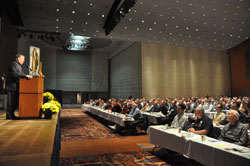 Archbishop Joseph W. Tobin speaks to the approximately 600 men who attended the seventh annual Indiana Catholic Men&rsquo;s Conference on Oct. 20 at the Indiana Convention Center in Indianapolis. (Photo by Sean Gallagher)