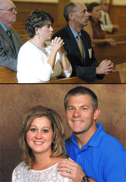 Top: Barbara and Donald Horan kneel in prayer on Aug. 25, 2010, at St. Roch Church in Indianapolis during a Mass for members of the archdiocese&rsquo;s Miter Society. (File photo by Sean Gallagher) Bottom: Denise and Stephen Butz. (Submitted photo)