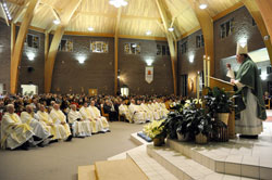 Archbishop Joseph W. Tobin delivers a homily during a Jan. 16 Mass at St. Jude Church in the Indianapolis South Deanery. The liturgy was the first in a series of Masses that Archbishop Tobin will celebrate in each of the archdiocese&rsquo;s 11 deaneries to worship with and get to know Catholics across central and southern Indiana. (Photo by Sean Gallagher)