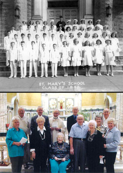 Top photo: photo captures boys and girls from the Class of 1942 at St. Mary&rsquo;s Catholic Academy in New Albany. Surviving members of that class still get together for monthly luncheons 71 years after they graduated from grade school. Bottom photo: 11 members of the Class of 1942 of St. Mary&rsquo;s Catholic Academy in New Albany pose with Dominican Father Emmanuel Bertrand, a member of the class, after a Mass at St. Mary Church during the summer of 2012 as the class celebrated its 70-year reunion. (Submitted photos)