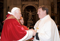 Pope Benedict XVI greets then-Redemptorist Father Joseph Tobin during a Feb. 2, 2008, liturgy at St. Peter�s Basilica at the Vatican to mark the World Day for Consecrated Life. At the time, then-Father Joseph was superior general of the Congregation of the Most Holy Redeemer, also known as the Redemptorists. (Submitted photo)