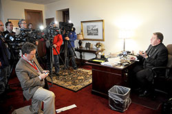 Archbishop Joseph W. Tobin speaks on March 13 at the Archbishop O&rsquo;Meara Catholic Center in Indianapolis to members of the local media about the election of Cardinal Jorge Mario Bergoglio as the new pope, who took the name Francis. (Photo by Sean Gallagher)