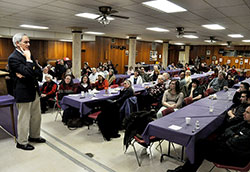 Kenneth Howell speaks on Feb. 27 at Our Lady of the Most Holy Rosary Parish in Indianapolis on how Pope Benedict XVI sought to address a &ldquo;crisis of reason&rdquo; in Western culture. Howell, resident theologian and director of pastor care for The Coming Home Network International, previously taught courses on Catholicism in the religion department at the University of Illinois in Urbana, Ill. (Photo by Sean Gallagher)