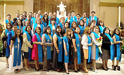 Archbishop Joseph W. Tobin poses with the Hispanic Leadership Institute&rsquo;s first graduating class in the Lay Leadership Pastoral Formation Program at SS. Peter and Paul Cathedral in Indianapolis on May 11. (Submitted photo)