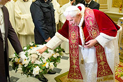 Then-Pope Benedict XVI blesses lambs to mark the feast of St. Agnes at the Vatican on Jan. 21. The wool from two lambs blessed by the pope will be used to make the pallia that Pope Francis will give on June 29 to new archbishops from around the world, including Archbishop Joseph W. Tobin. (CNS photo/L&rsquo;Osservatore Romano via Reuters)