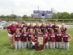 Members of the Scecina Lady Crusaders girls&rsquo; softball team are all smiles after winning the Class 2A state championship on June 8. (Submitted photo)