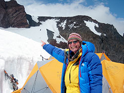 Walter Glover points to Cathedral Gap on Mount Rainier, the latest mountain he attempted to climb in June. The member of St. Bartholomew Parish in Columbus has spent the past six years trying to climb on the Seven Summits&mdash;the highest mountains on each of the seven continents. (Submitted photo)