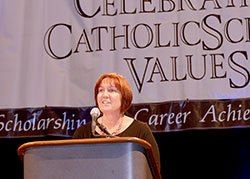 Mary McCoy, the archdiocese&rsquo;s assistant superintendent for Catholic schools, shares the importance of a Catholic education for children on Oct. 8 at the 18th annual Celebrating Catholic School Values Awards event. (Photo by Rob Banayote)