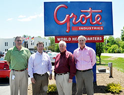 Mike Grote, left, Dominic Grote, Bill Grote and Rick Grote pose on May 13 in front of the factory of their family business located in Madison. Mike and Rick are nephews of Bill. Dominic is Bill&rsquo;s son. Grote Industries won an important religious liberty victory in a Nov. 8 ruling handed down by a three-judge panel of the 7th U.S. Circuit Court of Appeals in Chicago. (File photo by Sean Gallagher)