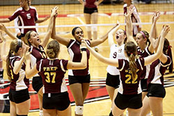 Brebeuf Jesuit Preparatory School players celebrate winning the Class 3A state volleyball championship on Nov. 9 at Ball State University&rsquo;s Worthen Arena in Muncie. (Submitted photo)
