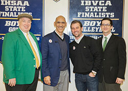 Bill Bissmeyer, left, is pictured with Tony Dungy and sons, Bill Bissmeyer III and Thomas Bissmeyer, at the Dad&rsquo;s Day breakfast at Cathedral High School on Feb. 11. (Submitted photo)