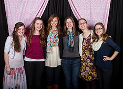 Former fashion model Leah Darrow, third from left, poses with young women who attended her talk on achieving authentic love on April 7 at St. Mary Parish&rsquo;s Family Life Center in North Vernon. (Submitted photo by Allie Tyler)