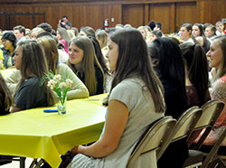 Teen mentors for A Promise to Keep listen as Archbishop Joseph W. Tobin addresses them during a luncheon in their honor on April 10 at the Archbishop Edward T. O&rsquo;Meara Catholic Center in Indianapolis. (Photo by Natalie Hoefer)