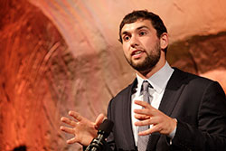 Indianapolis Colts quarterback Andrew Luck talks about how each us is called to serve others. Luck was the keynote speaker at the archdiocese&rsquo;s Spirit of Service Awards Dinner in Indianapolis on April 30. (Submitted photo by Rich Clark)