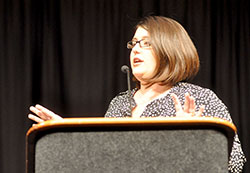Kristan Hawkins, president of Students for Life of America, addresses a crowd of approximately 900, including about 400 students, during Right to Life of Indianapolis&rsquo; 32nd Celebrate Life dinner on Sept. 30 at the Indiana Convention Center in Indianapolis. (Photo by Natalie Hoefer)