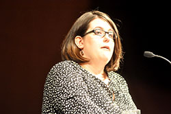 Kristan Hawkins delivers the keynote address during Right to Life of Indianapolis&rsquo; Celebrate Life dinner on Sept. 30 in Indianapolis. Hawkins, president of the Students for Life of America, spoke with The Criterion about her pro-life background and efforts. (Photo by Natalie Hoefer)