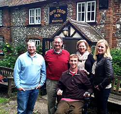 The Ruckelshaus family poses for a photo outside an inn in Oxford, England, where Jay Ruckelshaus studied at Oxford University during the summer of 2013. Drew, left, John, Jay, Mary and Maggie will all be together again on Thanksgiving in the family&rsquo;s Indianapolis home. (Submitted photo)