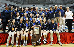 Our Lady of Providence Jr./Sr. High School players and coaches are pictured with the Class 2A state volleyball trophy on Nov. 8 at Ball State University&rsquo;s Worthen Arena in Muncie. (Submitted photo by Tom Fougerousse)