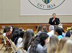 Archbishop Joseph W. Tobin addresses the high school mentors of A Promise to Keep, an archdiocesan chastity program, during a luncheon at the Archbishop Edward T. O&rsquo;Meara Catholic Center in Indianapolis on April 16. (Photo by Natalie Hoefer)