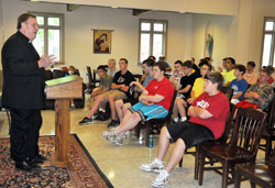 Archbishop Joseph W. Tobin speaks on June 18, 2014, at Bishop Brut&eacute; College Seminary in Indianapolis to Bishop Brut&eacute; Days participants. (Criterion file photo by Sean Gallagher)