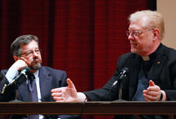Rabbi Aaron Spiegel, left, and Father Rick Ginther participate in a discussion on April 30 at Christian Theological Seminary in Indianapolis following a viewing of the French movie, The Jewish Cardinal, which was a feature of this year&rsquo;s Indianapolis Jewish Film Festival. (Submitted photo)