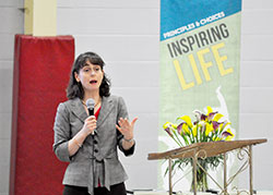 Camille Pauley, creator and curriculum developer of the Principles and Choices pro-life religious education program, explains the program&rsquo;s concepts during a workshop at St. Michael the Archangel Parish in Indianapolis on July 25. (Photo by Natalie Hoefer)