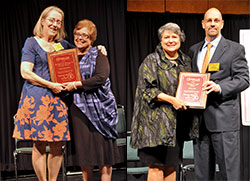 Top left, Right to Life of Indianapolis director of programming Mary Dougherty, left, presents Charlene Witka, campus minister and Teens for Life coordinator for Cathedral High School in Indianapolis, with the Charles E. Stimming, Sr. Pro-Life Award during a dinner in Indianapolis on Sept. 29. Top right, former Indiana House of Representatives member Cindy Noe, left, receives a Respect for Life Award from State Sen. Scott Schneider during the &ldquo;Celebrate Life&rdquo; dinner hosted by Right to Life of Indianapolis at the Indiana Convention Center in Indianapolis on Sept. 29. (Photos by Natalie Hoefer)