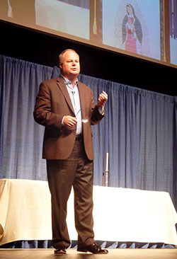 Businessman and author Randy Hain addresses the 500 men in attendance at the annual Indiana Catholic Men&rsquo;s Conference in Indianapolis on Oct. 31. &ldquo;Never forget the life-changing power of saying &lsquo;yes&rsquo; to God,&rdquo; Hain said. (Photo by Mike Krokos)
