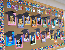 In this Jan. 6 photo, pictures of kindergarten classmates with caps foretelling their graduation from St. Pius X School in Indianapolis in 2024 serve as an example of one of the seven habits the school promotes in it&rsquo;s &ldquo;The Leader in Me&rdquo; process: &ldquo;Begin with the end in mind.&rdquo; (Photo by Natalie Hoefer)