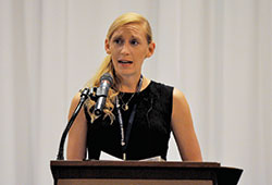Jennifer Trapuzzano speaks on Aug. 31 about finding forgiveness and joy in times of trial during the Southside Catholic Business Professionals&rsquo; ninth annual &ldquo;Inspirational Insights,&rdquo; held at the Primo Banquet Hall and Conference Center in Indianapolis. (Photos by Sean Gallagher)