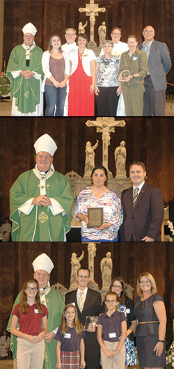 Top: The Excellence in Catechesis Award was presented to the Terre Haute Deanery during a special Mass on Sept. 7 in SS. Peter and Paul Cathedral in Indianapolis. Pictured are Archbishop Joseph W. Tobin; Augusta McMonigal, youth minister for the five parishes in Terre Haute; Father Richard Ginther, former dean of the Terre Haute Deanery; Elizabeth Davis, director of religious education at St. Joseph University Parish in Terre Haute; Barbara Black, parish life coordinator of Sacred Heart of Jesus Parish in Terre Haute; Father Joseph Feltz, vicar for clergy, religious and parish life coordinators, vice-chancellor, priest moderator and sacramental minister at St. Mary-of-the-Woods Parish in St. Mary-of-the-Woods and Sacred Heart of Jesus Parish in Terre Haute; Donna Wenstrup, director of religious education at St. Margaret Mary and St. Patrick parishes in Terre Haute; and Ken Ogorek, director of catechesis for the archdiocese. Middle: Maria &ldquo;Cuquis&rdquo; Romero received the 2016 Youth Ministry Servant Leader of the Year Award for her volunteer work as the youth minister of St. Patrick Parish in Indianapolis. Romero received the honor from Archbishop Joseph W. Tobin and Scott Williams, coordinator of youth ministry for the archdiocese, during a special Mass on Sept. 7 in SS. Peter and Paul Cathedral in Indianapolis. Bottom: Doug Bauman, a teacher at St. Barnabas School in Indianapolis, received the 2016 Saint Theodora Gu&eacute;rin Excellence in Education Award during a special Mass on Sept. 7 in SS. Peter and Paul Cathedral in Indianapolis. Pictured in the back row are Archbishop Joseph W. Tobin; Bauman; his wife, Julie; and Gina Fleming, superintendent of Catholic schools for the archdiocese. In the front row are the Bauman&rsquo;s three children, Annie, left, Betsy and Lily. (Photos by John Shaughnessy)