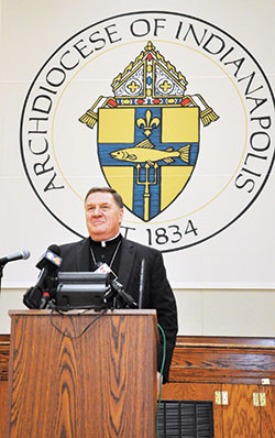 Cardinal-designate Joseph W. Tobin discusses being named a cardinal by Pope Francis during an Oct. 10 press conference at the Archbishop Edward T. O&rsquo;Meara Catholic Center in Indianapolis. The gathering was attended by archdiocesan Catholic Center staff and members of the secular media. (Photo by Natalie Hoefer)