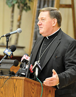 Cardinal-designate Joseph W. Tobin discusses his being named a cardinal by Pope Francis during an Oct. 10 press conference at the Archbishop Edward T. O&rsquo;Meara Catholic Center in Indianapolis. (Photo by Sean Gallagher)