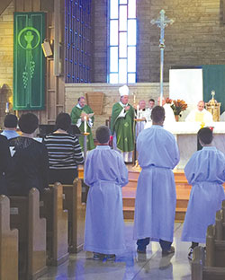 Archbishop Joseph W. Tobin offers words of welcome during a Mass for Miter Society members from&nbsp;the New Albany Deanery on Sept. 28 at Our Lady of Perpetual Help Church in New Albany. (Photo by Jolinda Moore)
