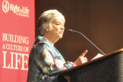 Sue Ellen Browder addresses more than 900 pro-life supporters at the Indiana Convention Center in Indianapolis during Right to Life of Indianapolis&rsquo; Celebrate Life Dinner on Oct. 4. (Photo by Natalie Hoefer)