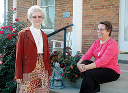 Franciscan Sisters Shirley Gerth, left, and Donna Prickel rely on the values of St. Francis&mdash;and each other&mdash;as they serve the archdiocese as parish life coordinators in the Batesville Deanery. Sister Shirley serves in St. John the Baptist Parish in Osgood and St. Maurice Parish in Napoleon. Sister Donna ministers at Immaculate Conception Parish in Millhousen. (Photo by John Shaughnessy)